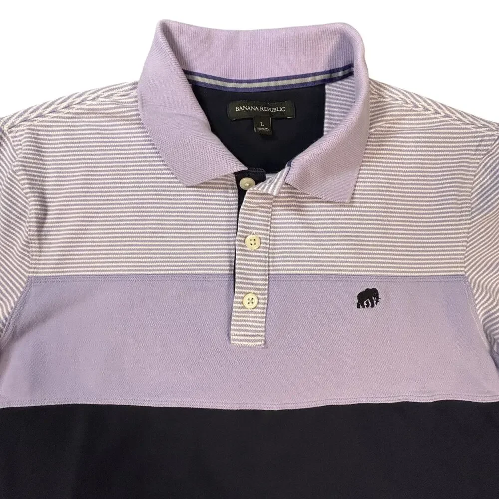 Banana Republic Polo Shirt Mens Large Purple Striped Block Color Short Sleeve